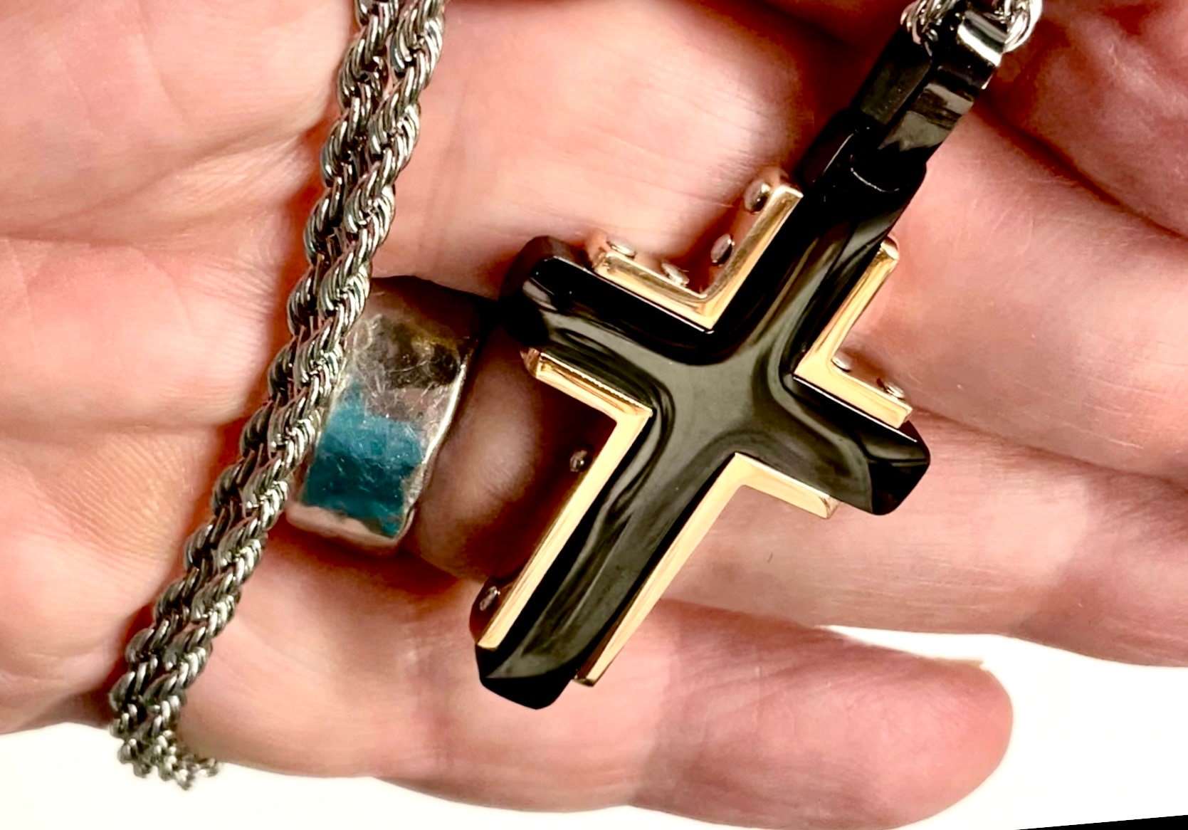 Black and gold crucifix cross pendant with silver-tone box chain