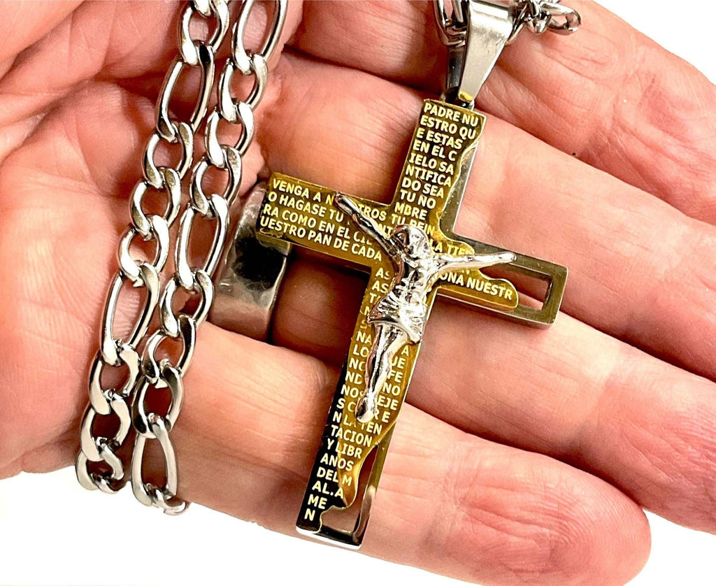 Crucifix cross pendant on silver curb chain, gold backplate with prayer text