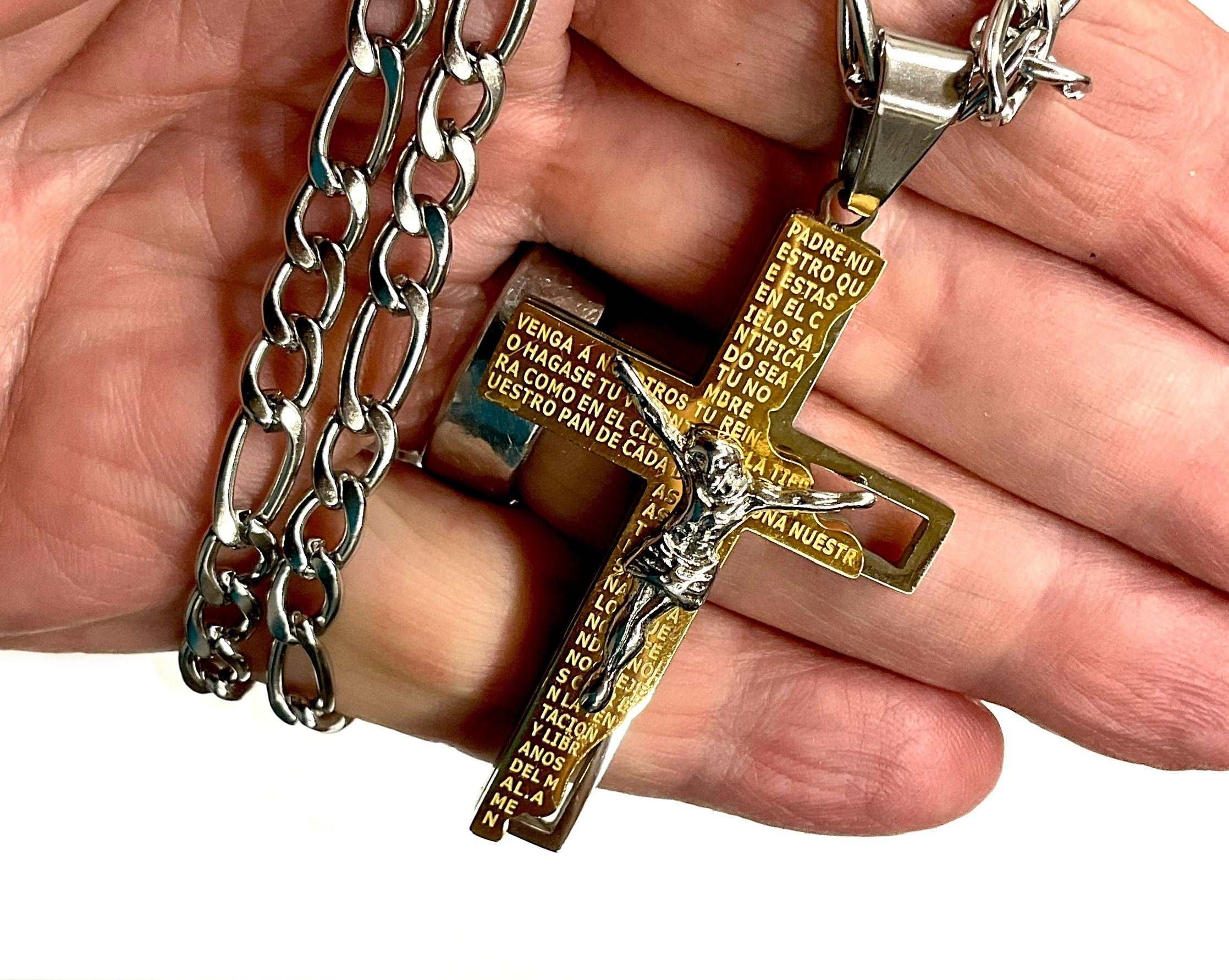 Crucifix cross pendant with engraved prayer text on silver curb chain, two-tone finish