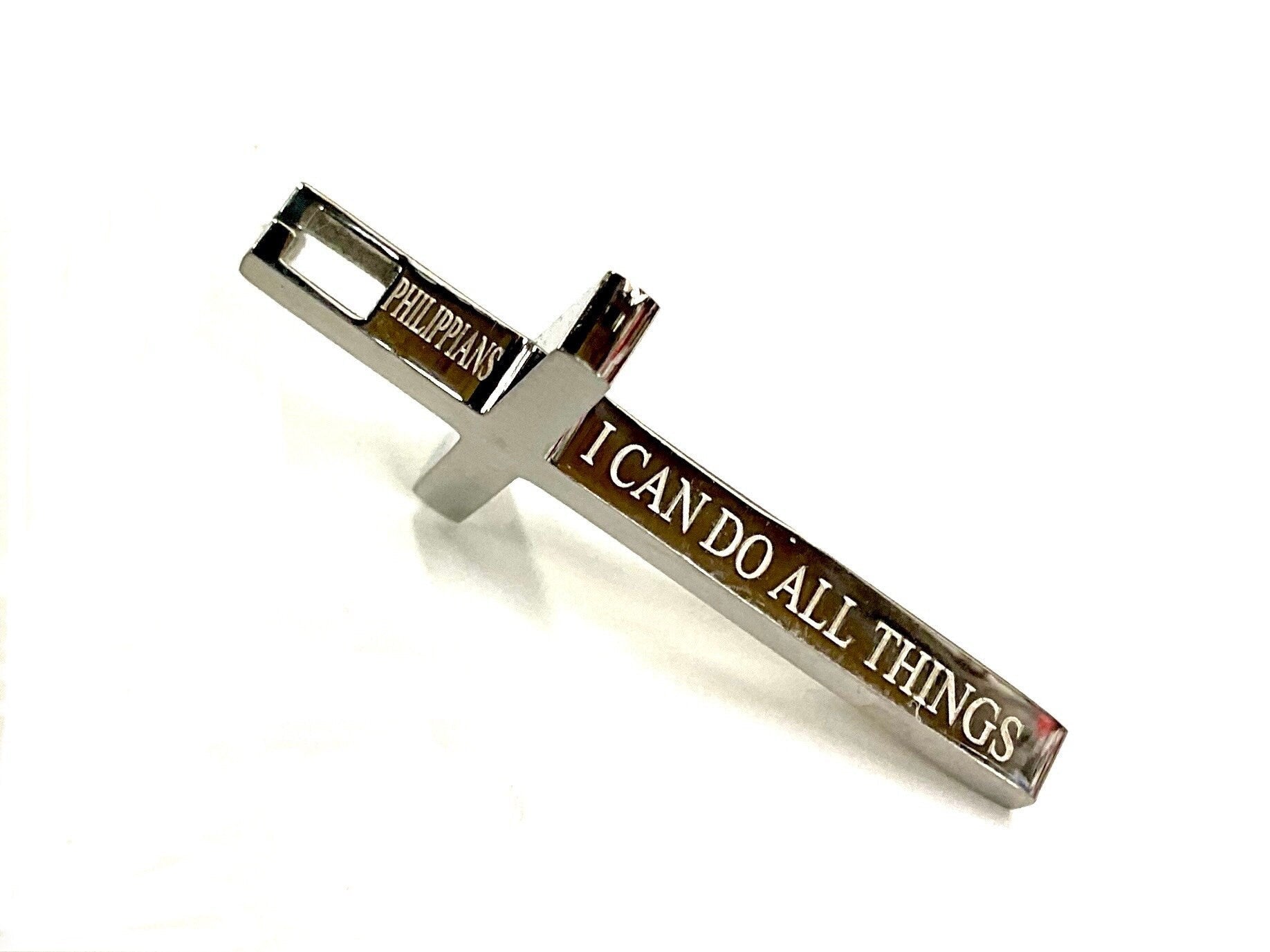 Silver cross necklace with “PHILIPPIANS” and “I CAN DO ALL THINGS” engraved bar pendant