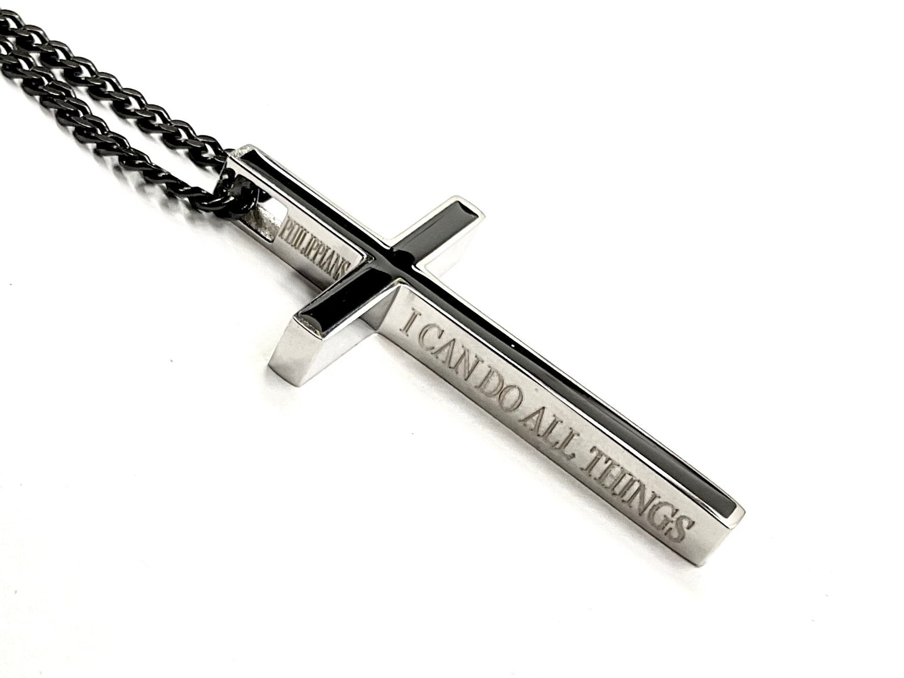 Black chain cross necklace, silver cross pendant with “I CAN DO ALL THINGS” engraving