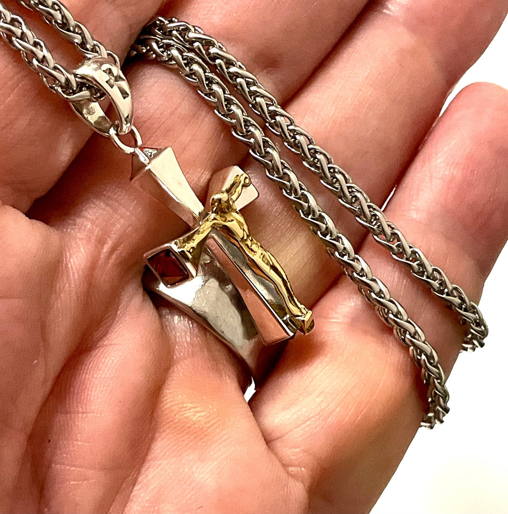 Sterling silver link chain with crucifix cross pendant and red zircon stones