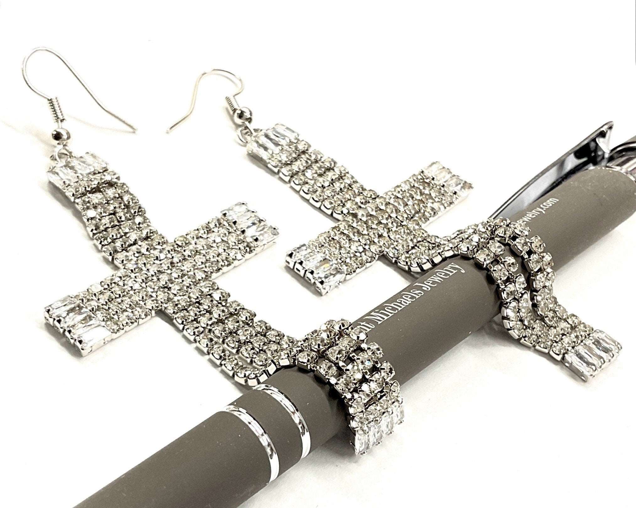 Rhinestone cross dangle earrings, silver-tone hooks and two stacked cross drops
