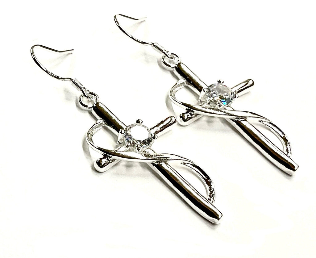 Twisted cross earrings with blue zircon accents, silver-tone dangle hooks
