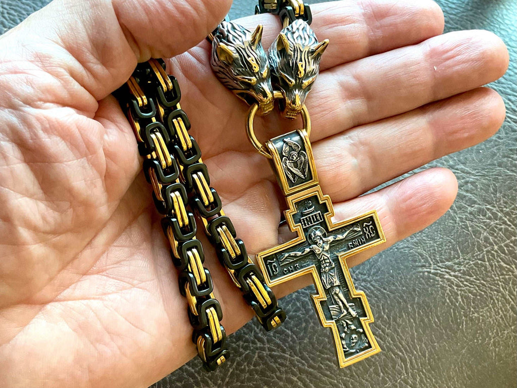 Stainless steel Orthodox cross pendant with wolf head details on gold-tone chain