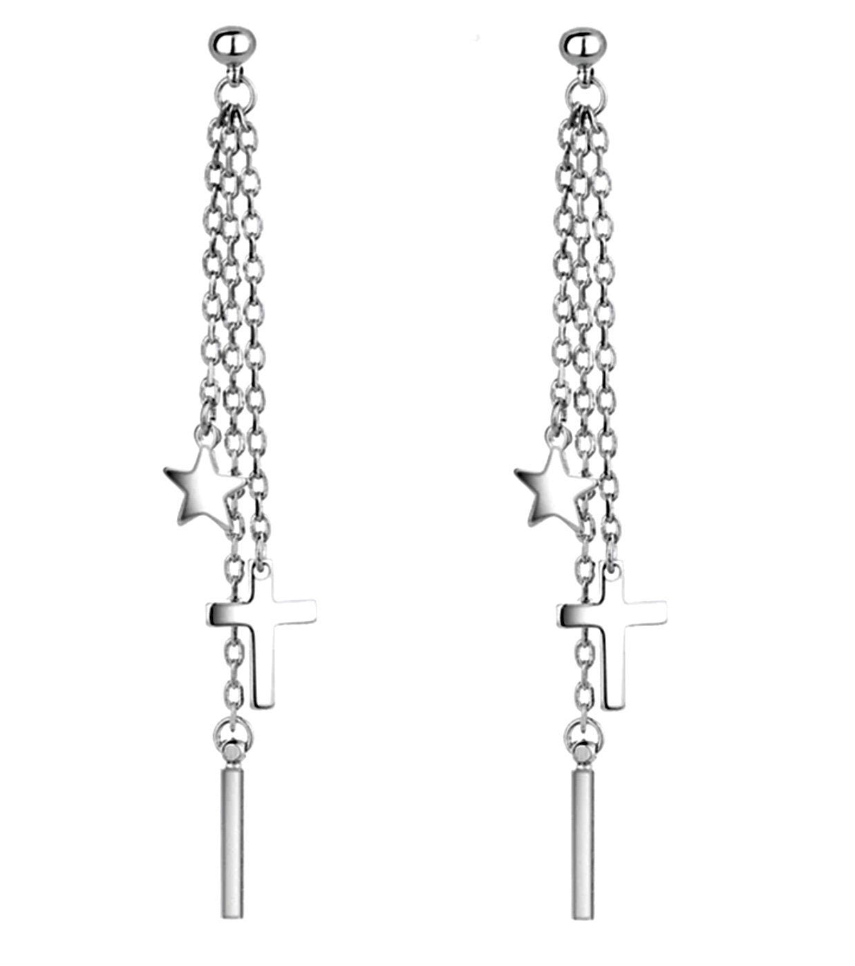 Silver chain dangle earrings featuring star, cross, and long bar charms