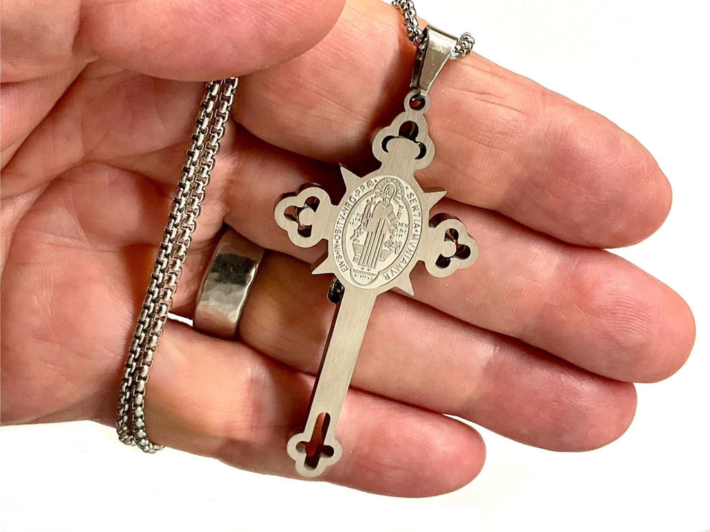 Silver St. Benedict medal crucifix cross necklace with chain