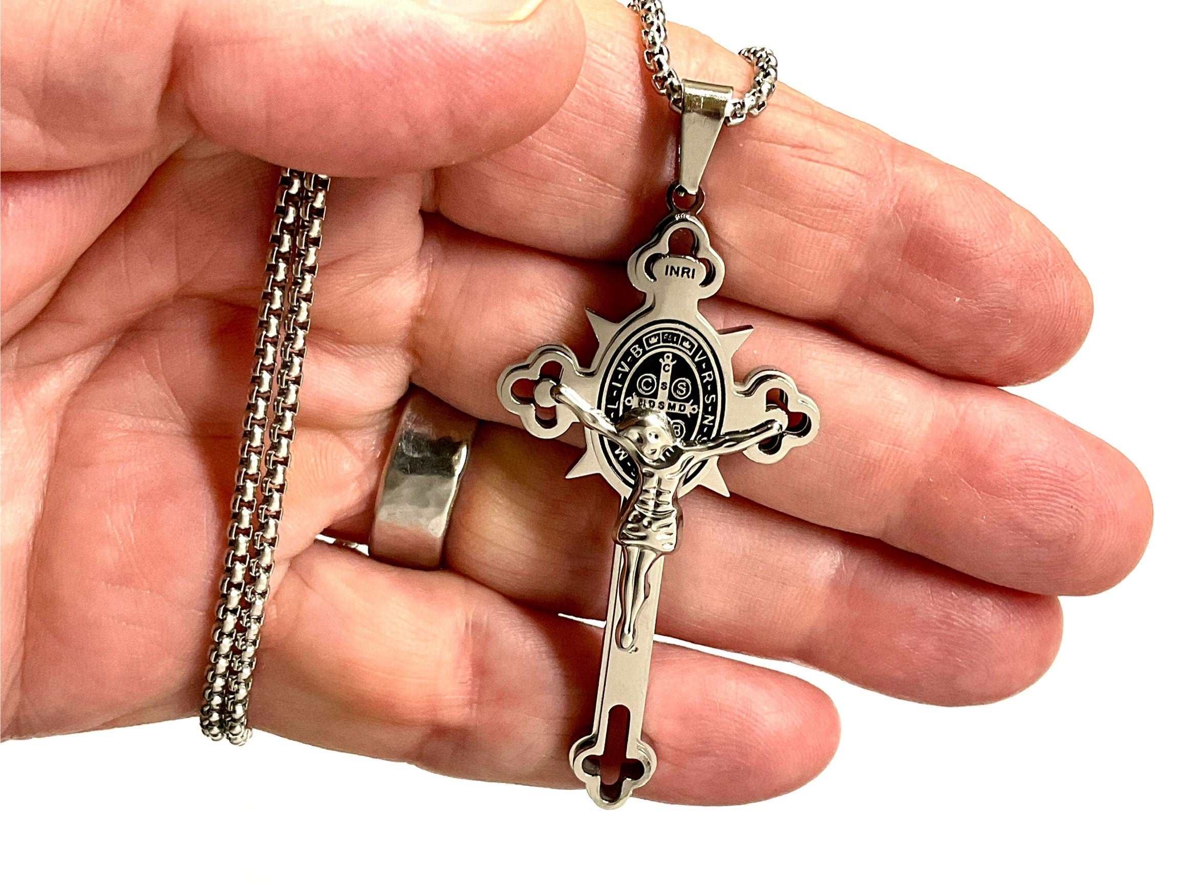 Silver crucifix cross necklace with St. Benedict medallion pendant and chain