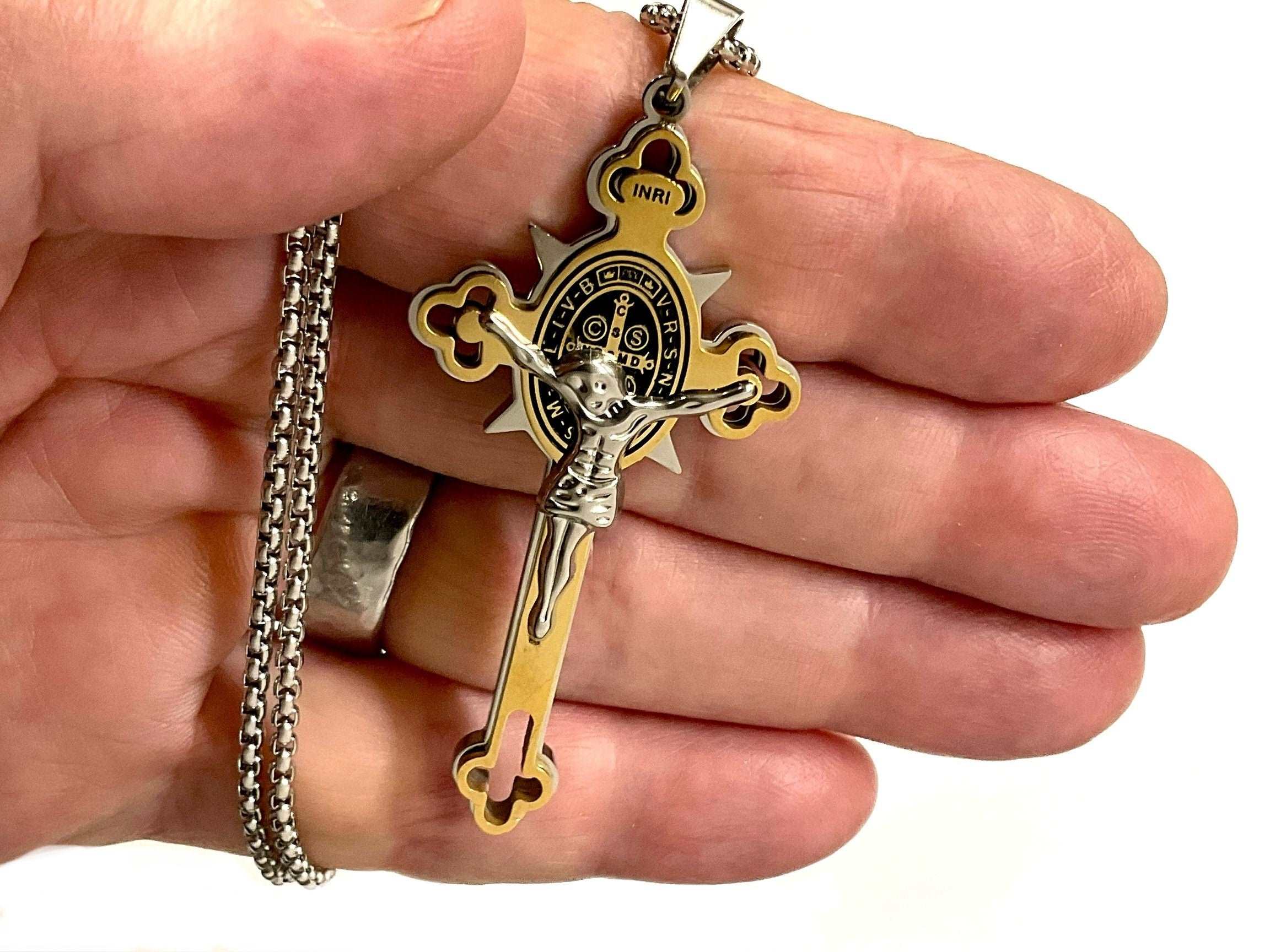 Two-tone gold-and-silver crucifix cross necklace with St. Benedict medallion pendant
