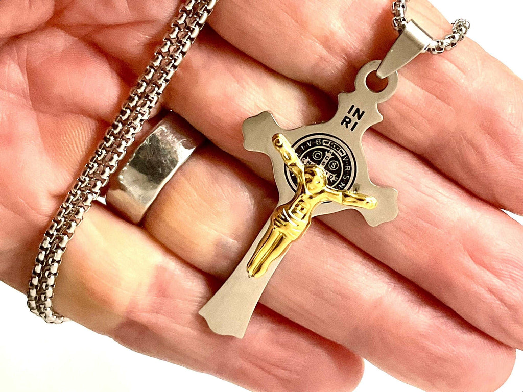 Crucifix cross and Saint Benedict medal pendant, round INRI charm on gold chain