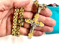 Two-tone crucifix necklace with Byzantine chain, gold links and silver cross pendant