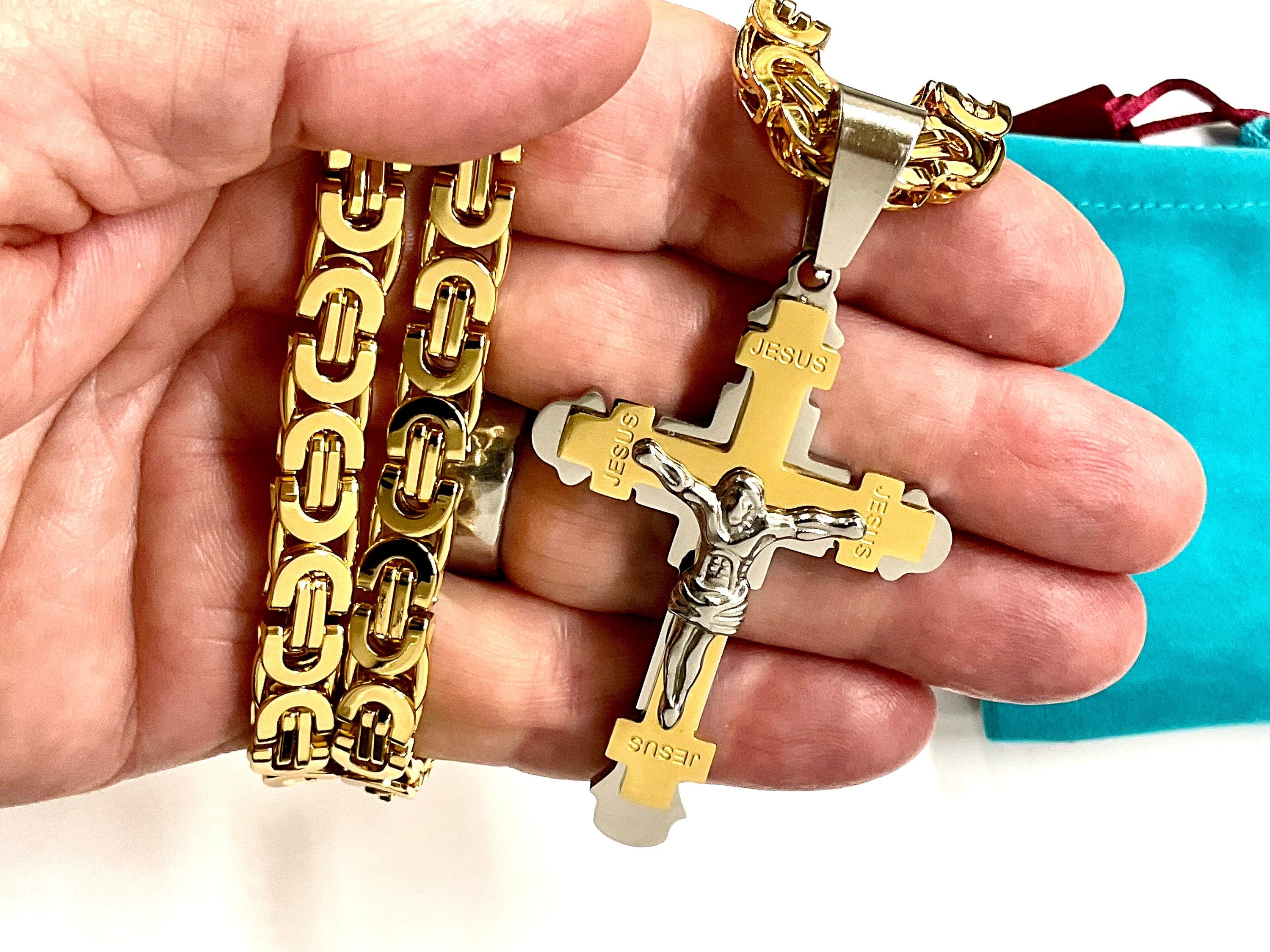 Two-tone crucifix necklace with Byzantine chain, gold links and silver cross pendant