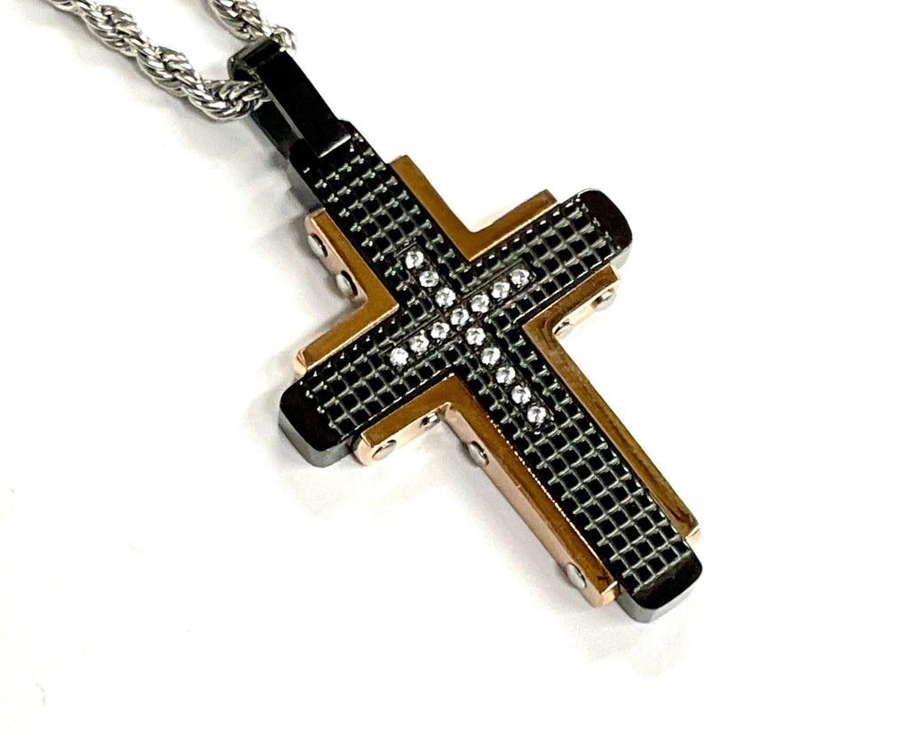 Black and gold cross pendant with rhinestone mesh detail and silver-tone chain