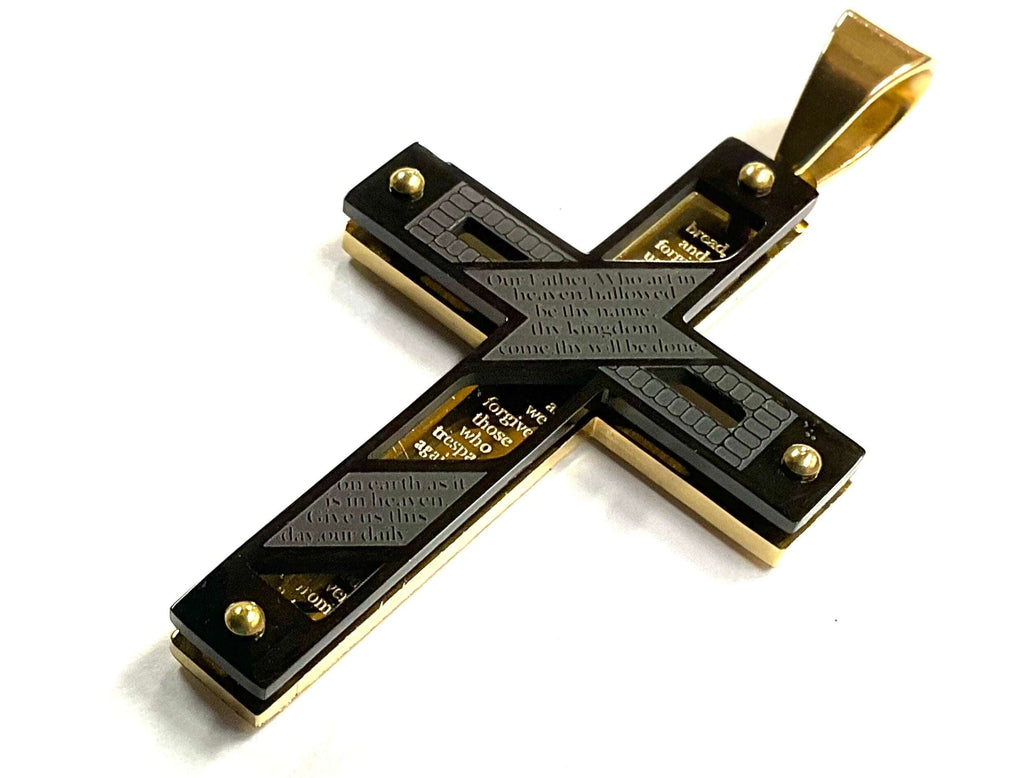 Gold and black crucifix cross pendant with bail loop and engraved panels