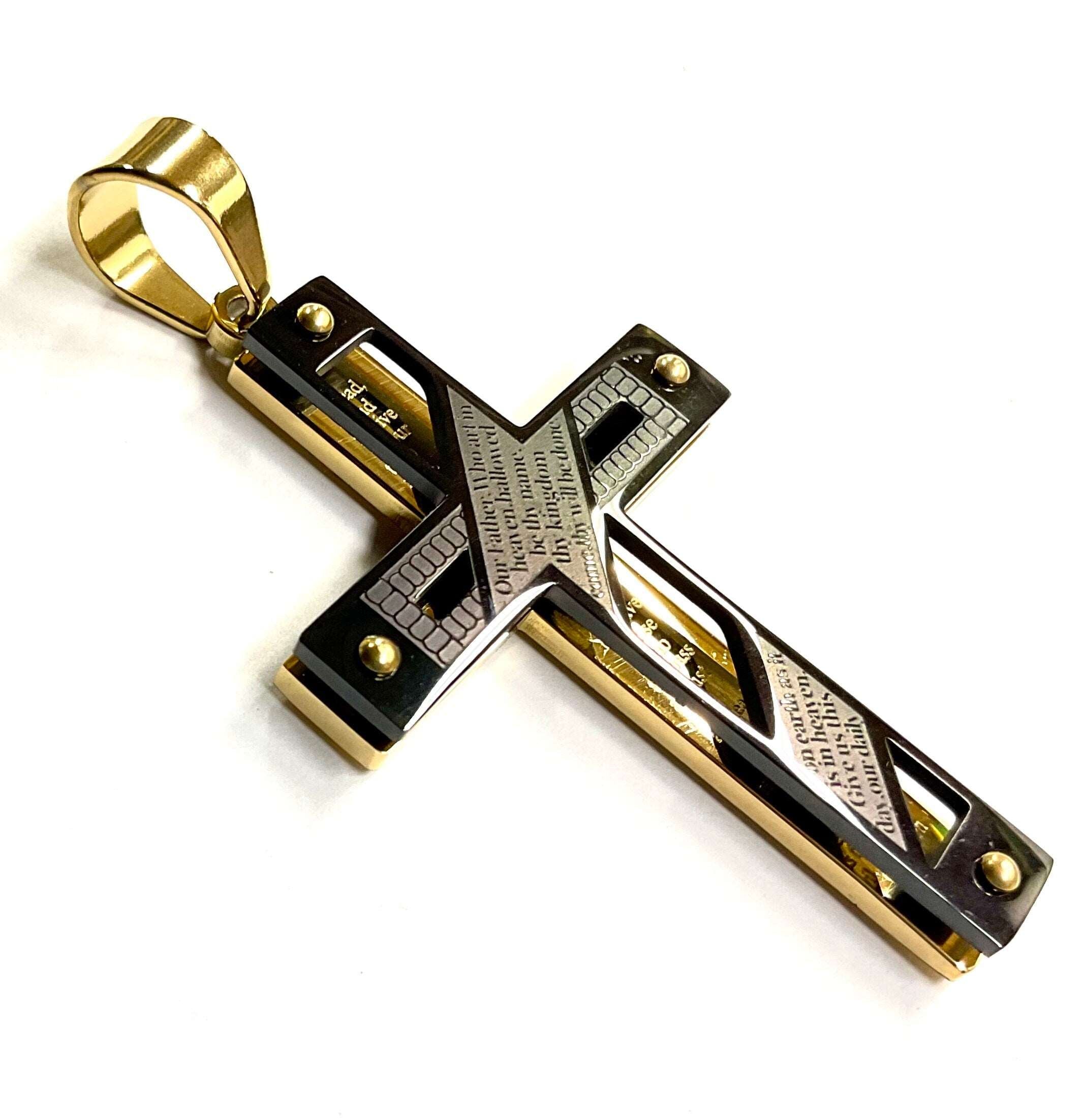 Gold and black crucifix cross pendant necklace, engraved center text