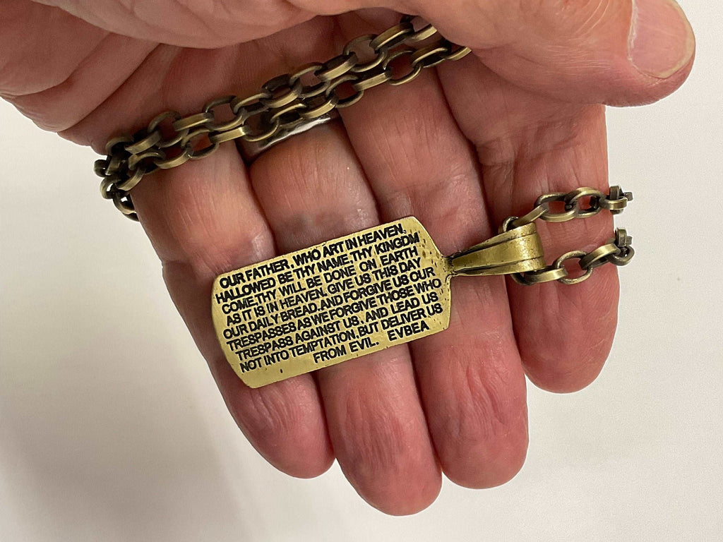 Bronze dog tag pendant necklace with engraved scripture text tags on chain
