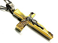 Gold-toned crucifix pendant with engraved prayer text on curb chain