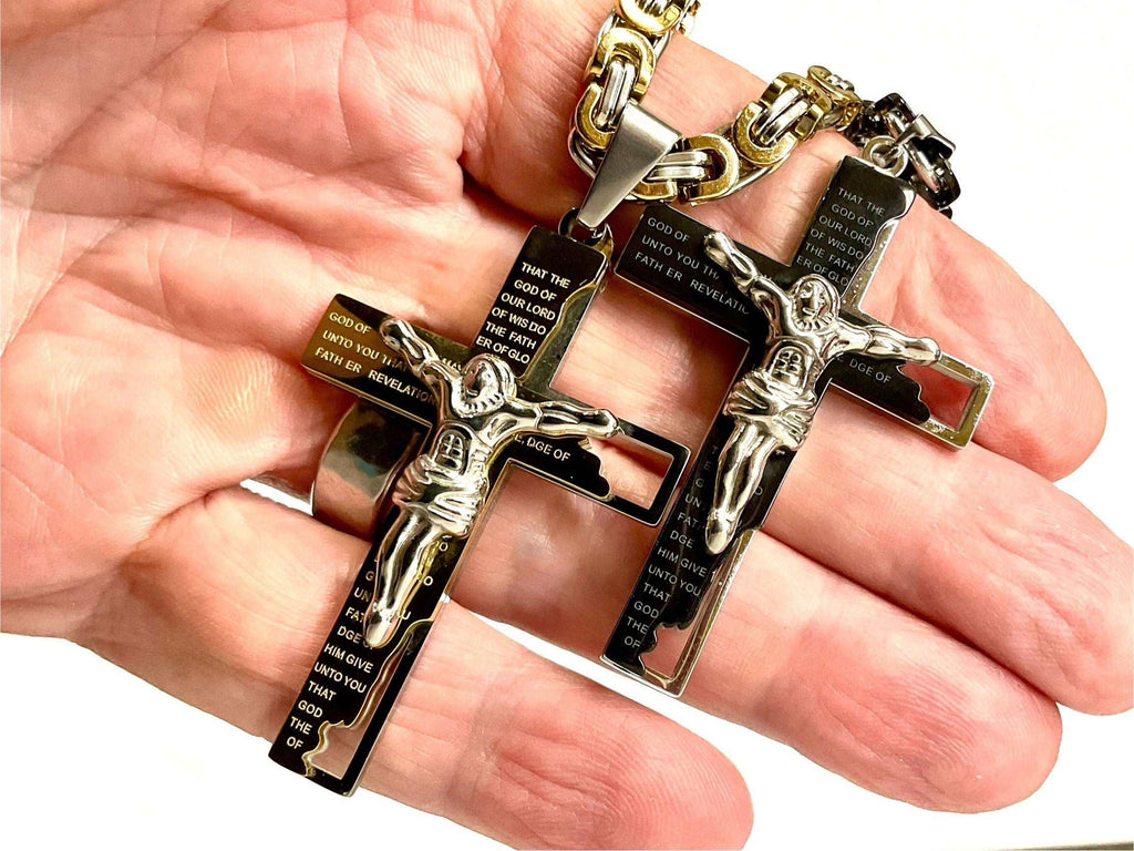 Two-tone crucifix cross necklace with chain, engraved prayer scripture pendant
