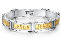 Stainless steel bracelet with hinged clasp and three JESUS engraved gold nameplates