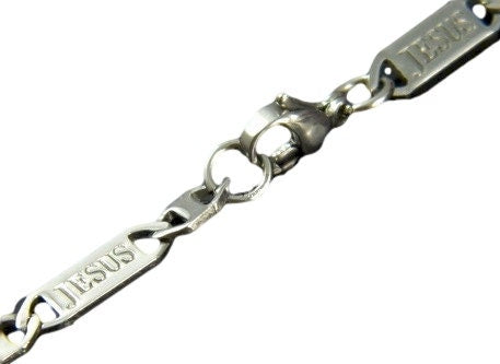 Silver-tone chain with stamped JESUS links and ring clasp detail