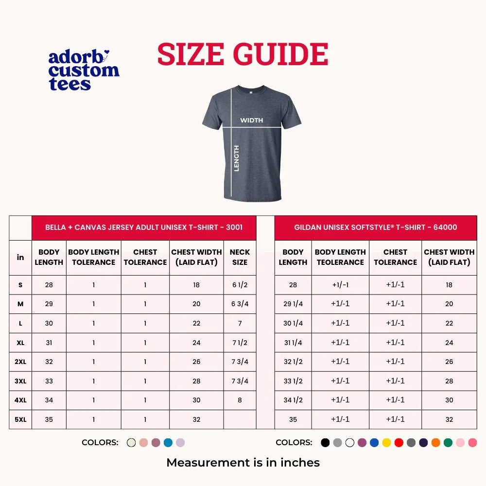 Adorbs Custom Tees size guide graphic with adult T-shirt measurements table