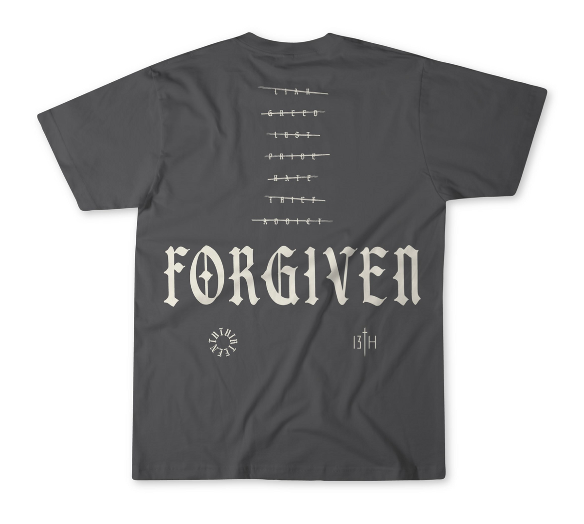 Black premium tee with centered FORGIVEN graphic and top alignment bar symbols, crew neck