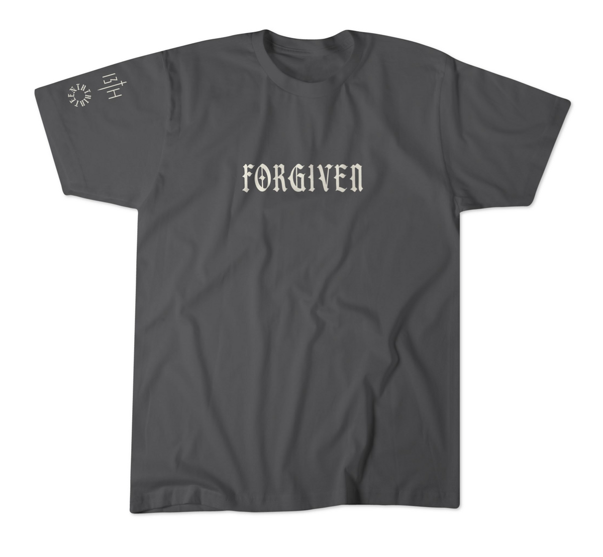 Black premium tee with centered FORGIVEN text and small top-left emblem, crew neck