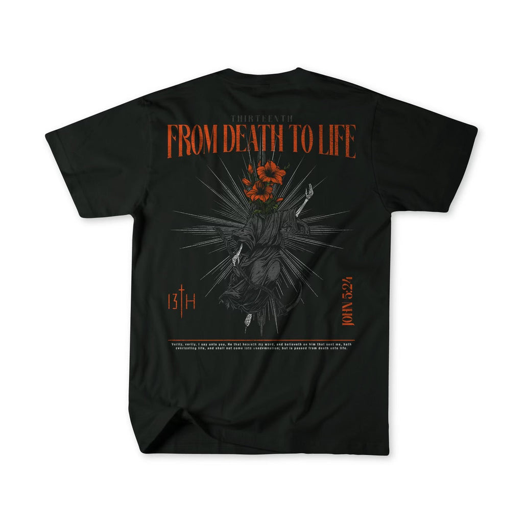 Black premium graphic crewneck tee with large front artwork and red title