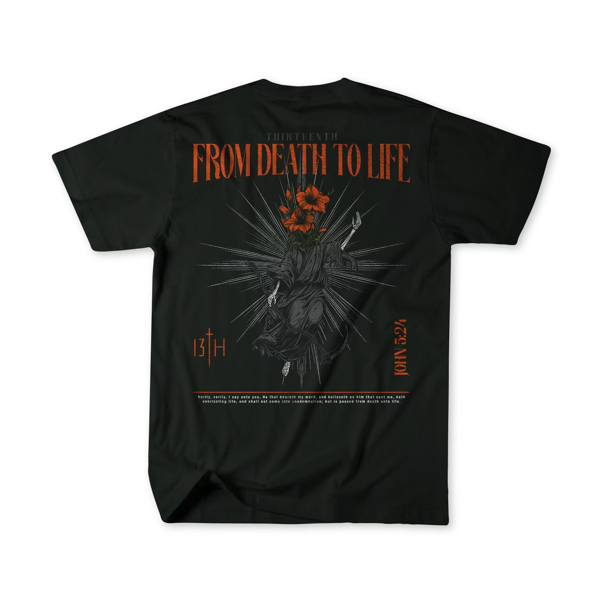 Black premium graphic crewneck tee with large front artwork and red title