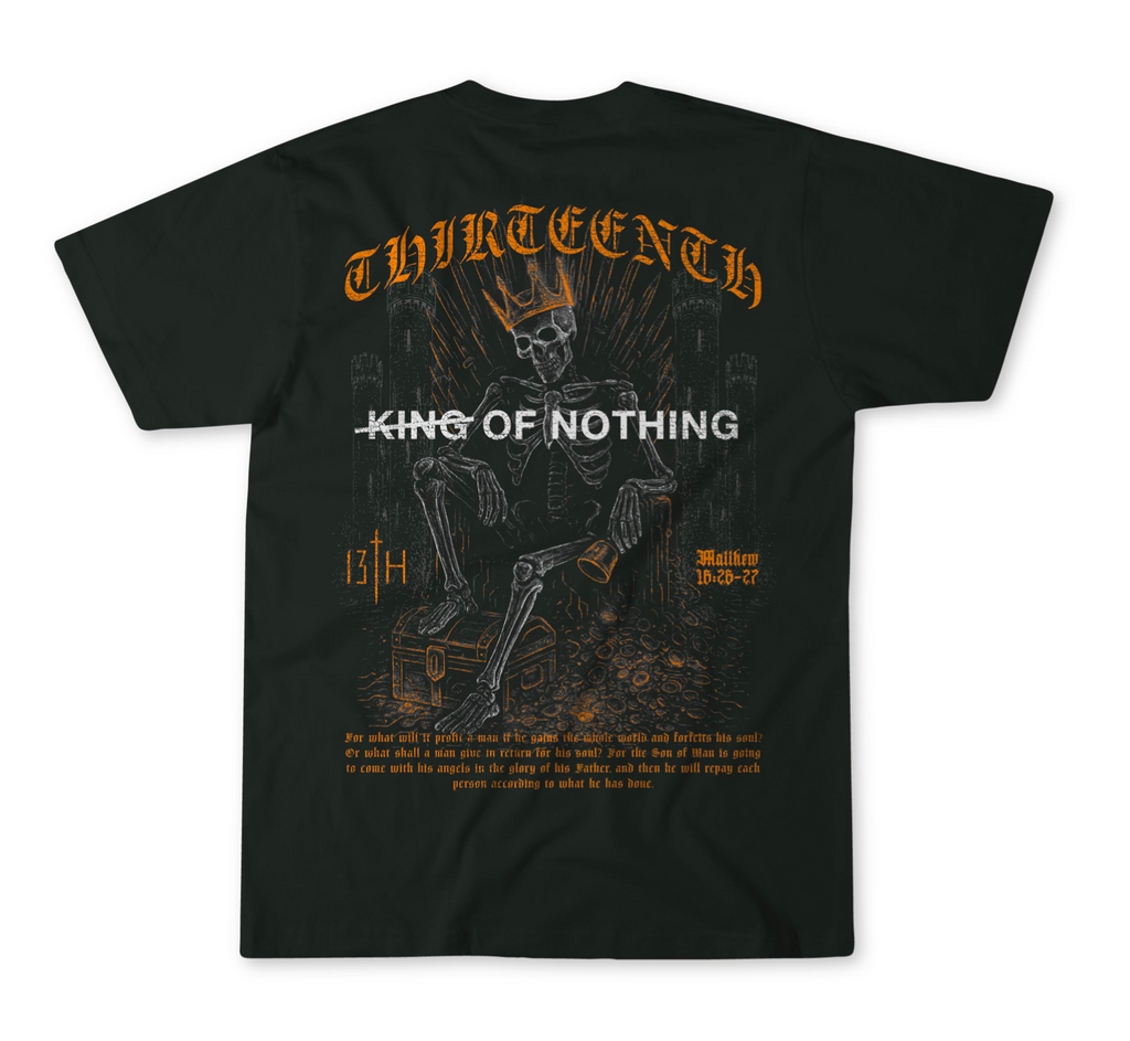 Black premium tee flat lay, full back graphic print in gold and white