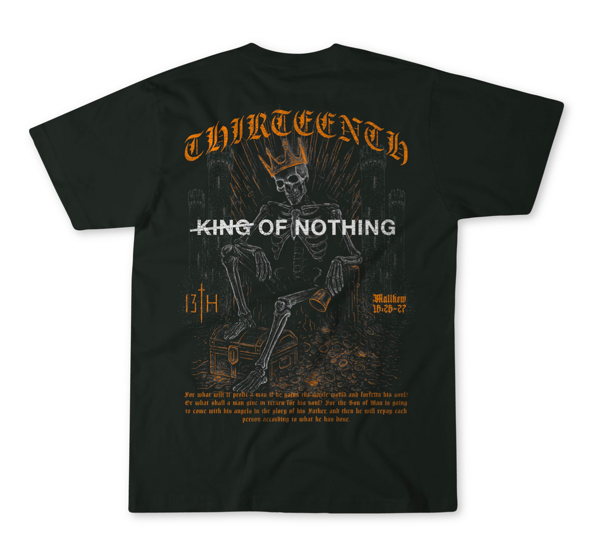 Black premium tee flat lay, full back graphic print in gold and white