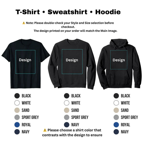 Graphic T-shirt, sweatshirt, and hoodie in black with placeholder design box