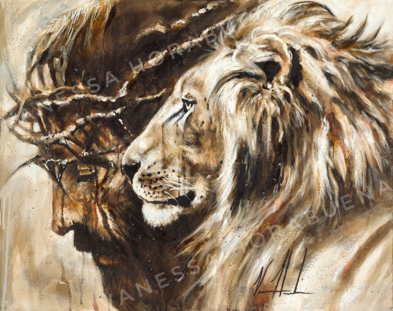Heaven's Grace lion portrait close-up with golden mane and dark brown muzzle details