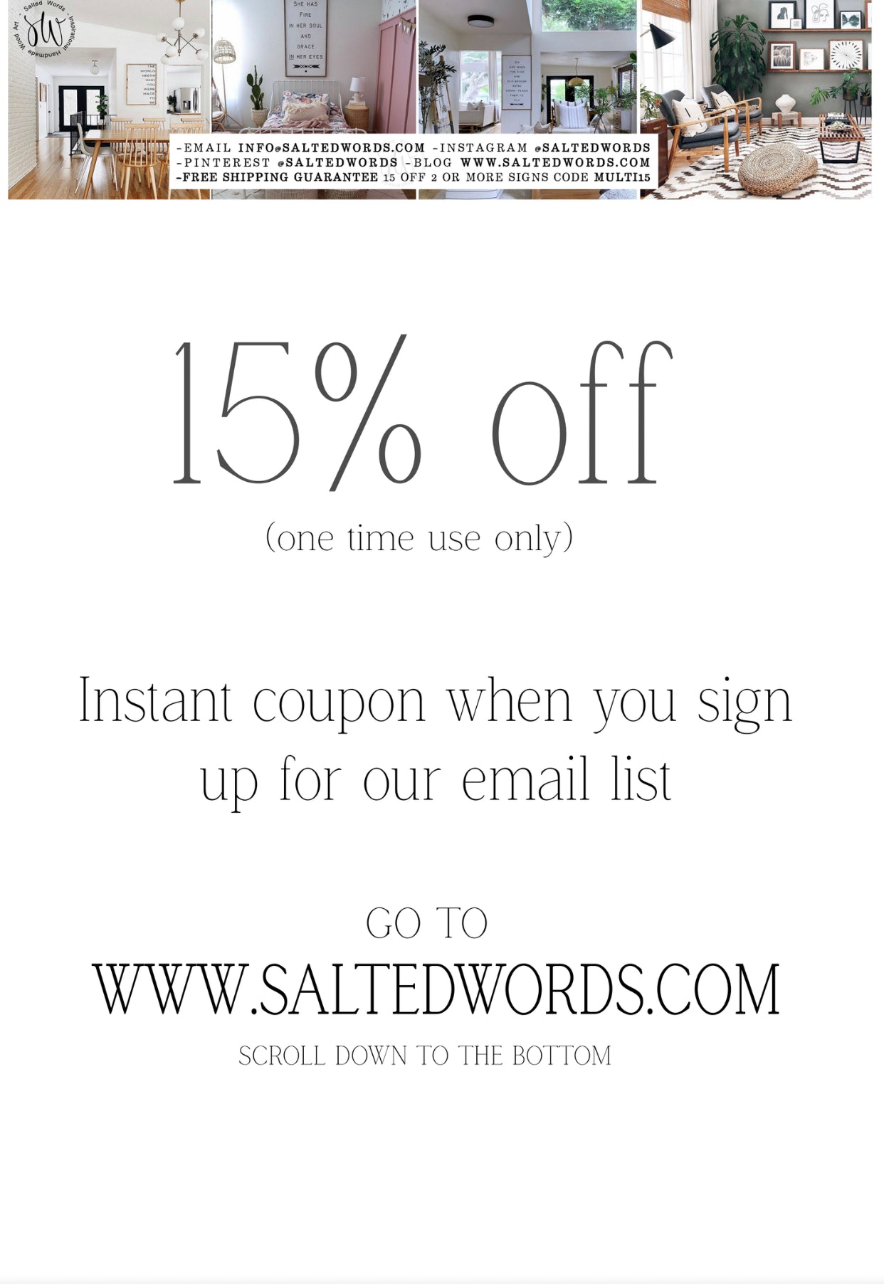 Printed coupon flyer with 15% off offer and sign-up details for email list