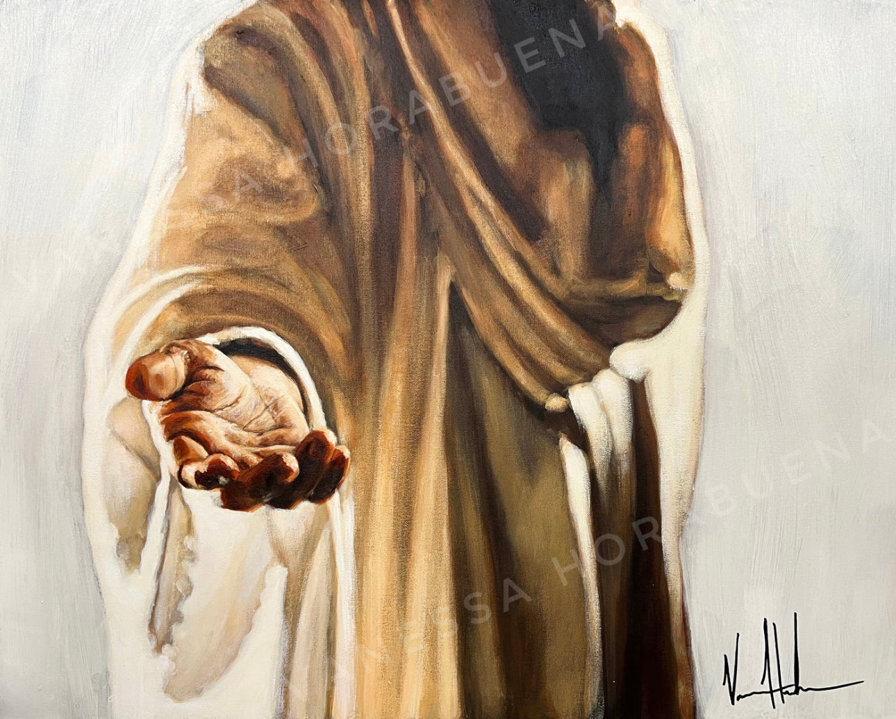 Art print of a robed figure with clasped hand gesture, warm brown and cream tones