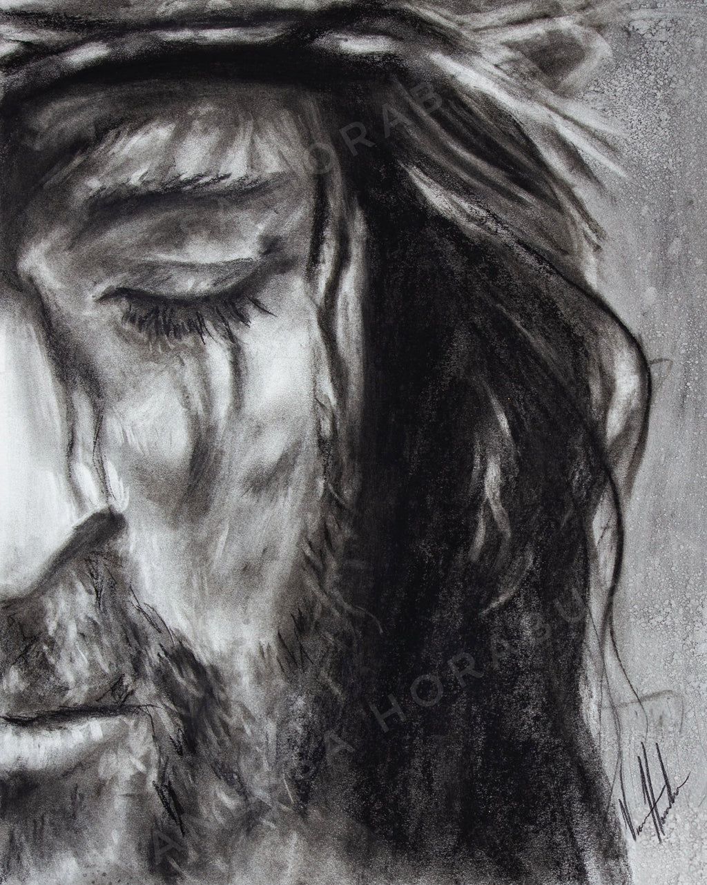 Close-up black-and-white sketch of a woman's face, eyes closed, detailed hair strands