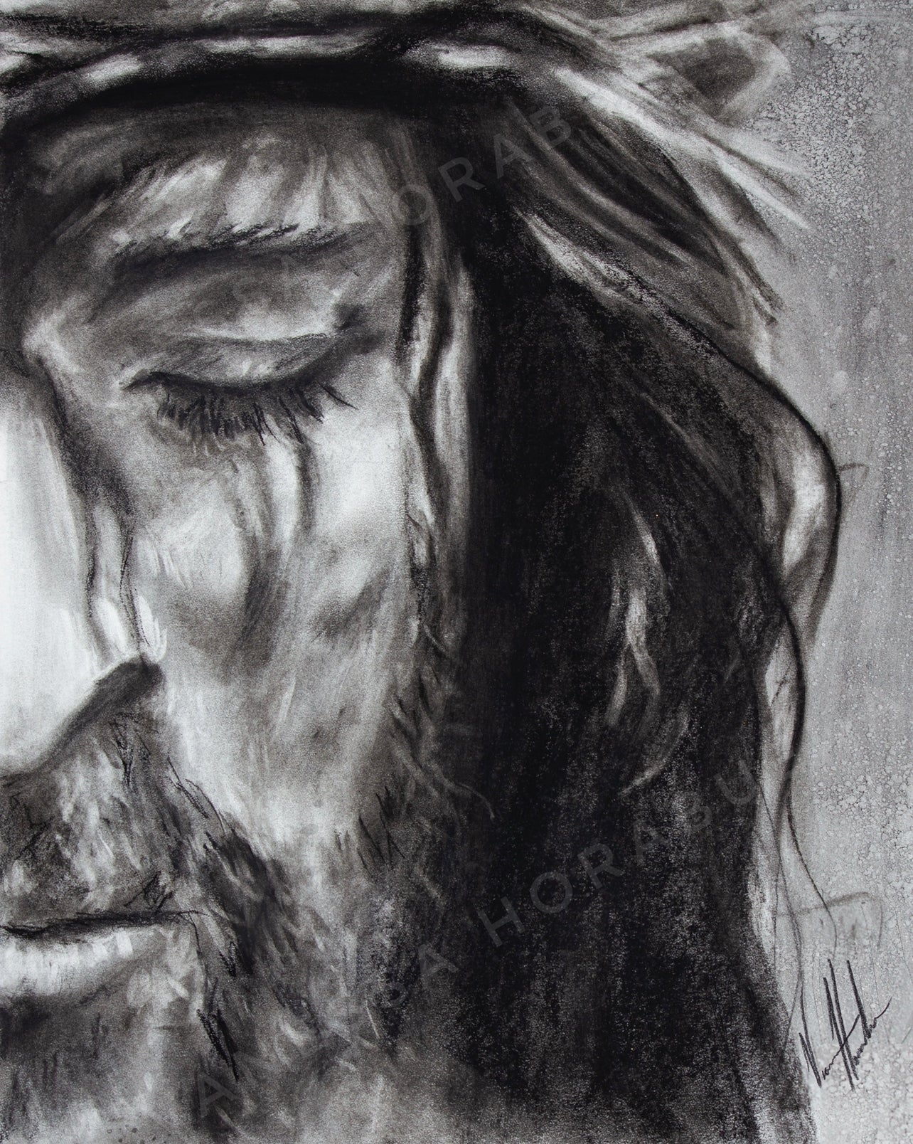 Close-up black-and-white sketch of a woman's face, eyes closed, detailed hair strands