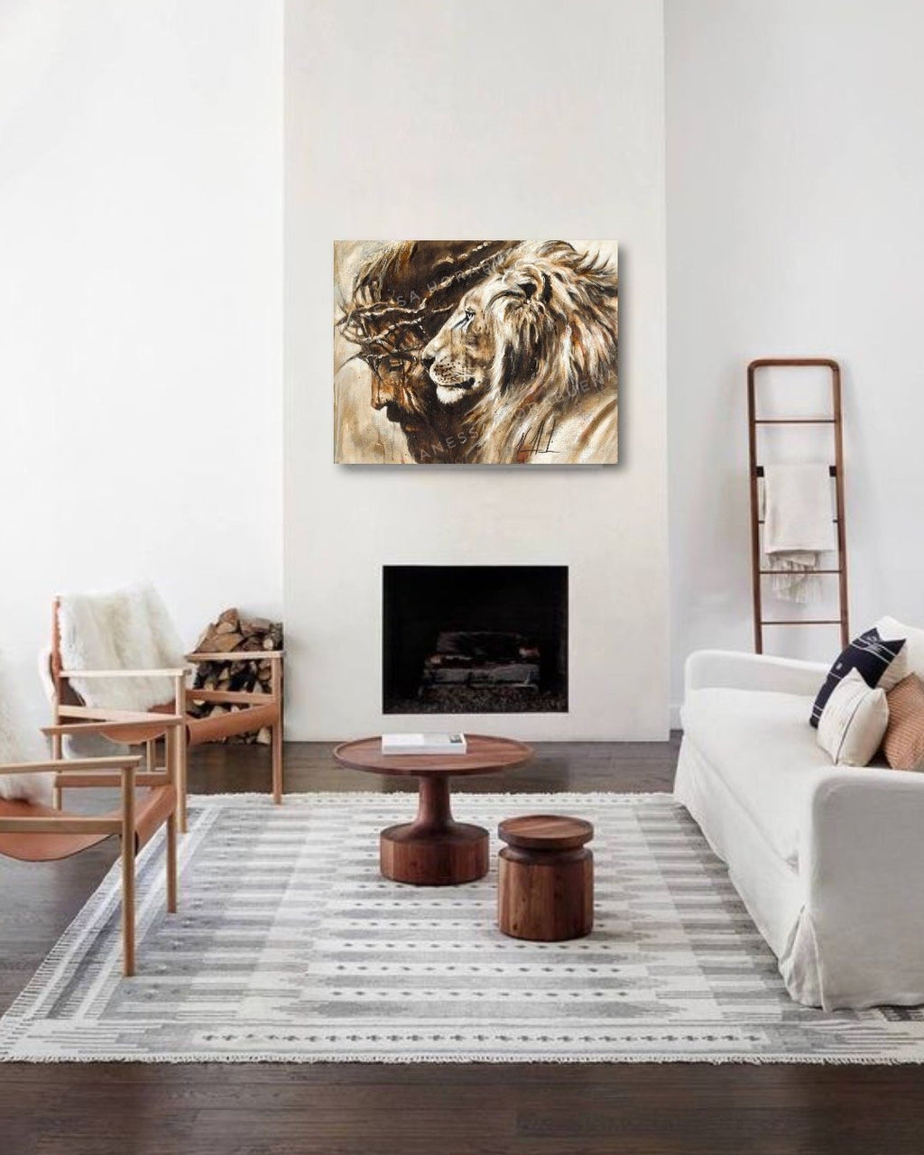 Framed lion portrait artwork print with warm sepia tones and detailed mane