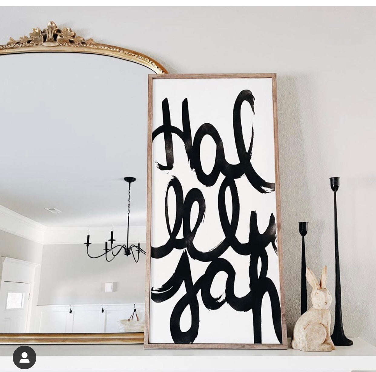 Hallelujah wooden wall sign with black script lettering in rectangular frame