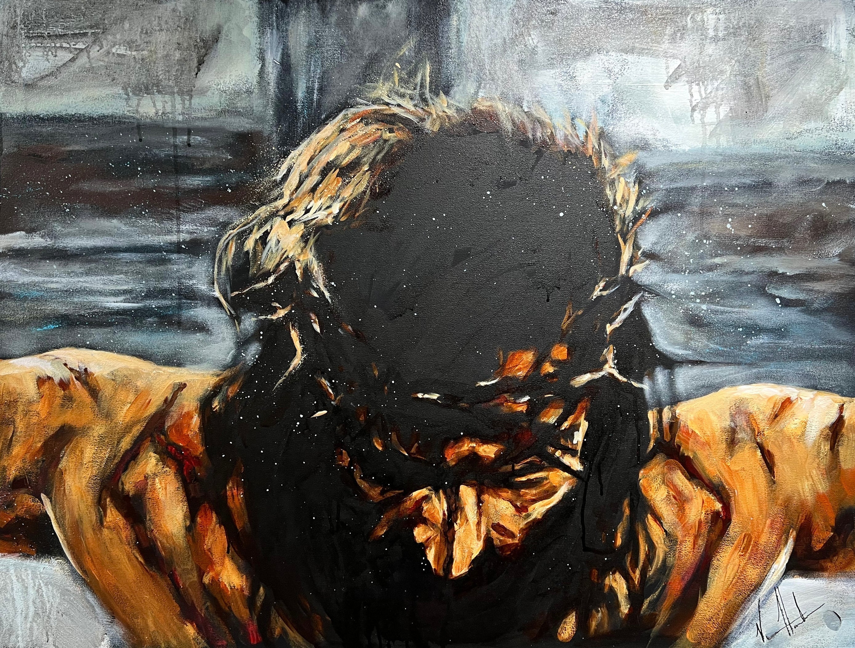 Close-up painting print of praying bearded man with hands near face