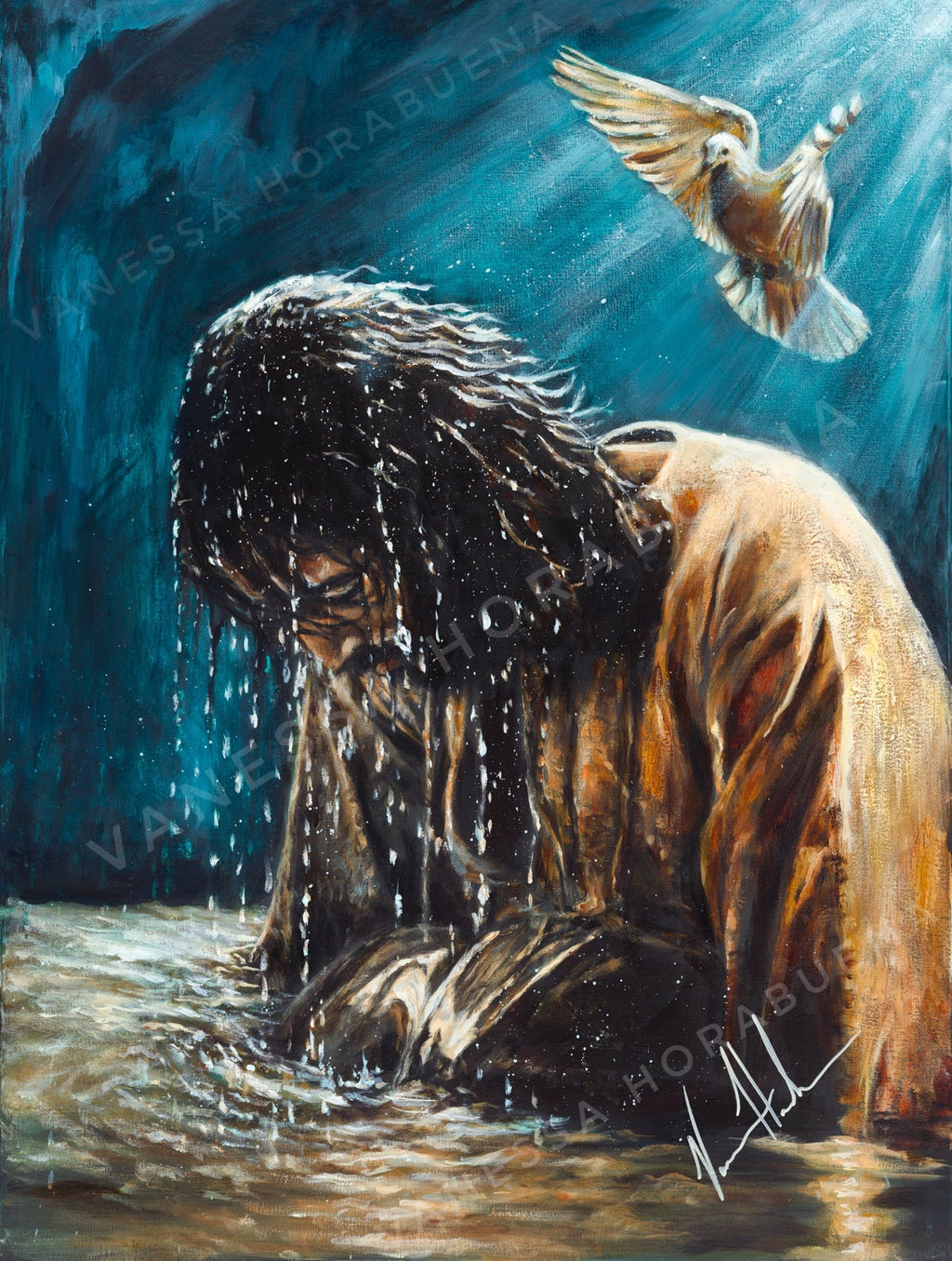Close-up animal art print with a dog in splashing water and a bird flying above