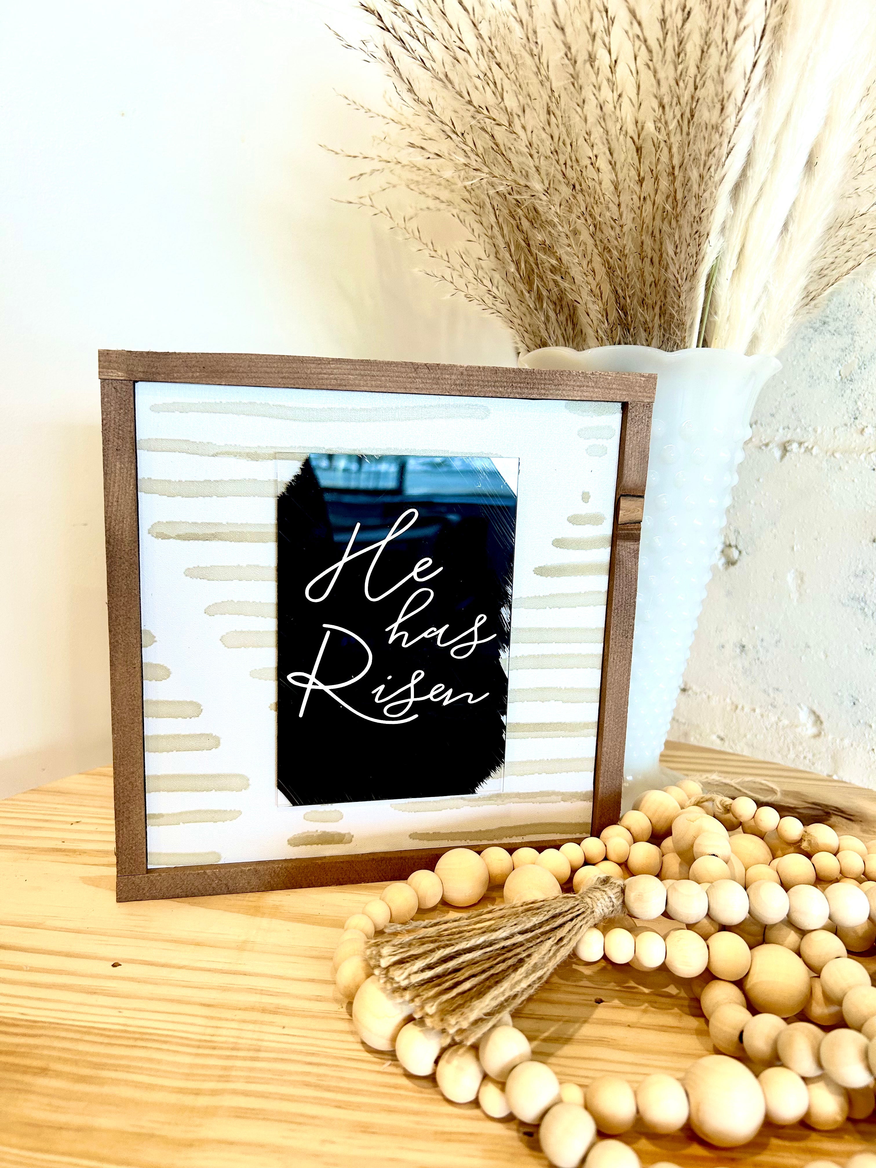 Modern farmhouse Christian wall sign with black center and striped background