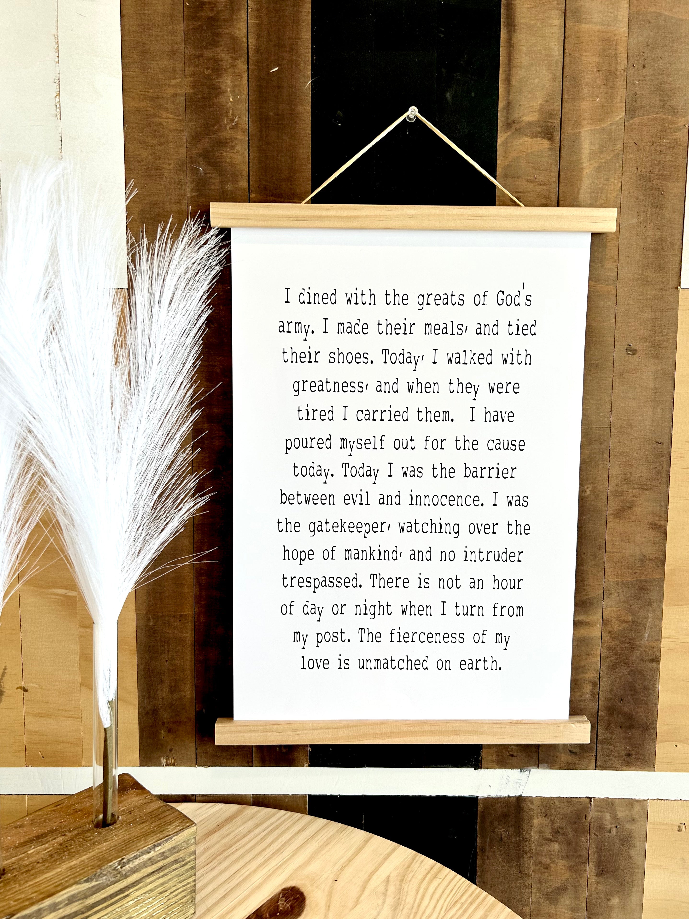 Framed wooden wall sign with quote text on white paper insert