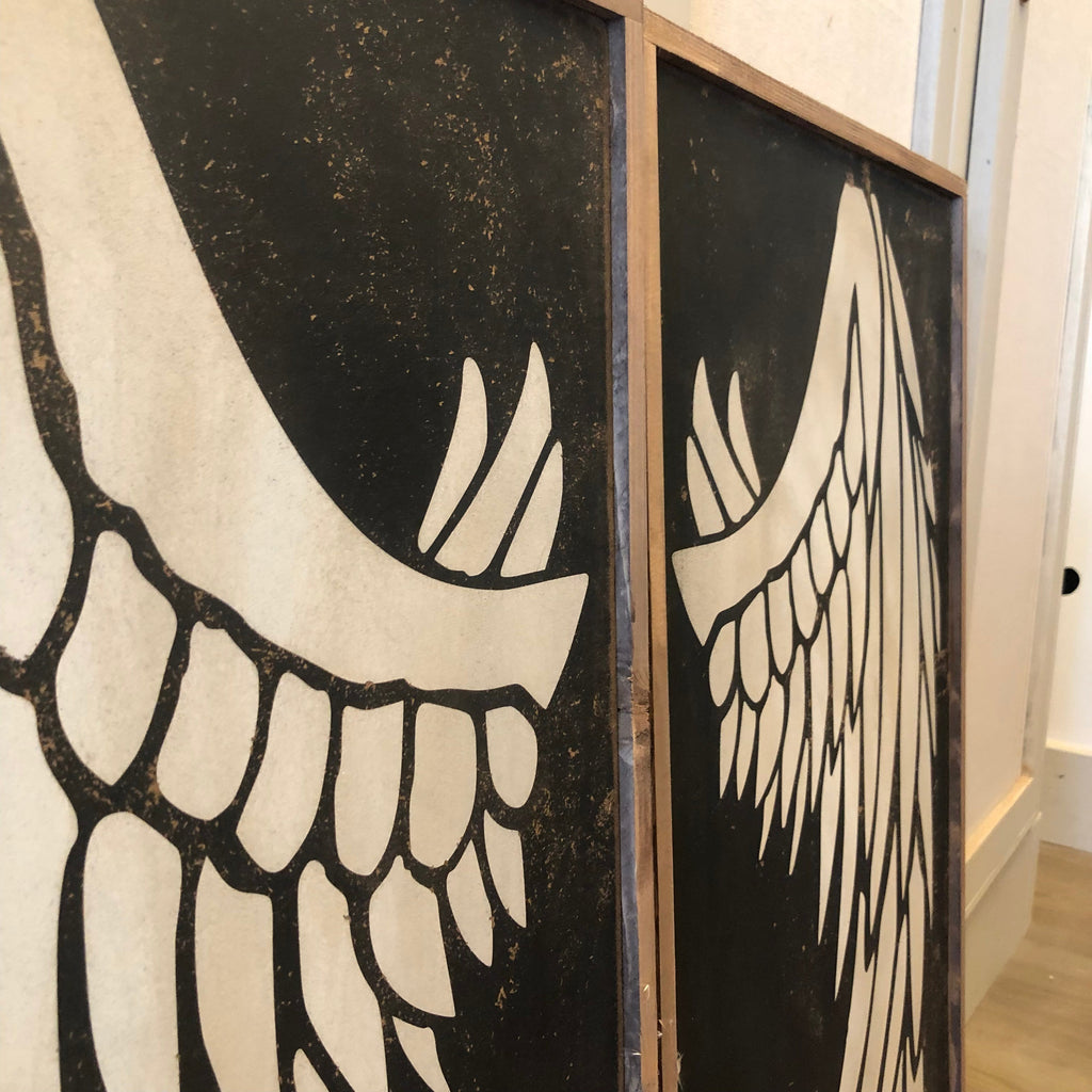 Set of 2 angel wing wood signs, black background with white feathered wing design