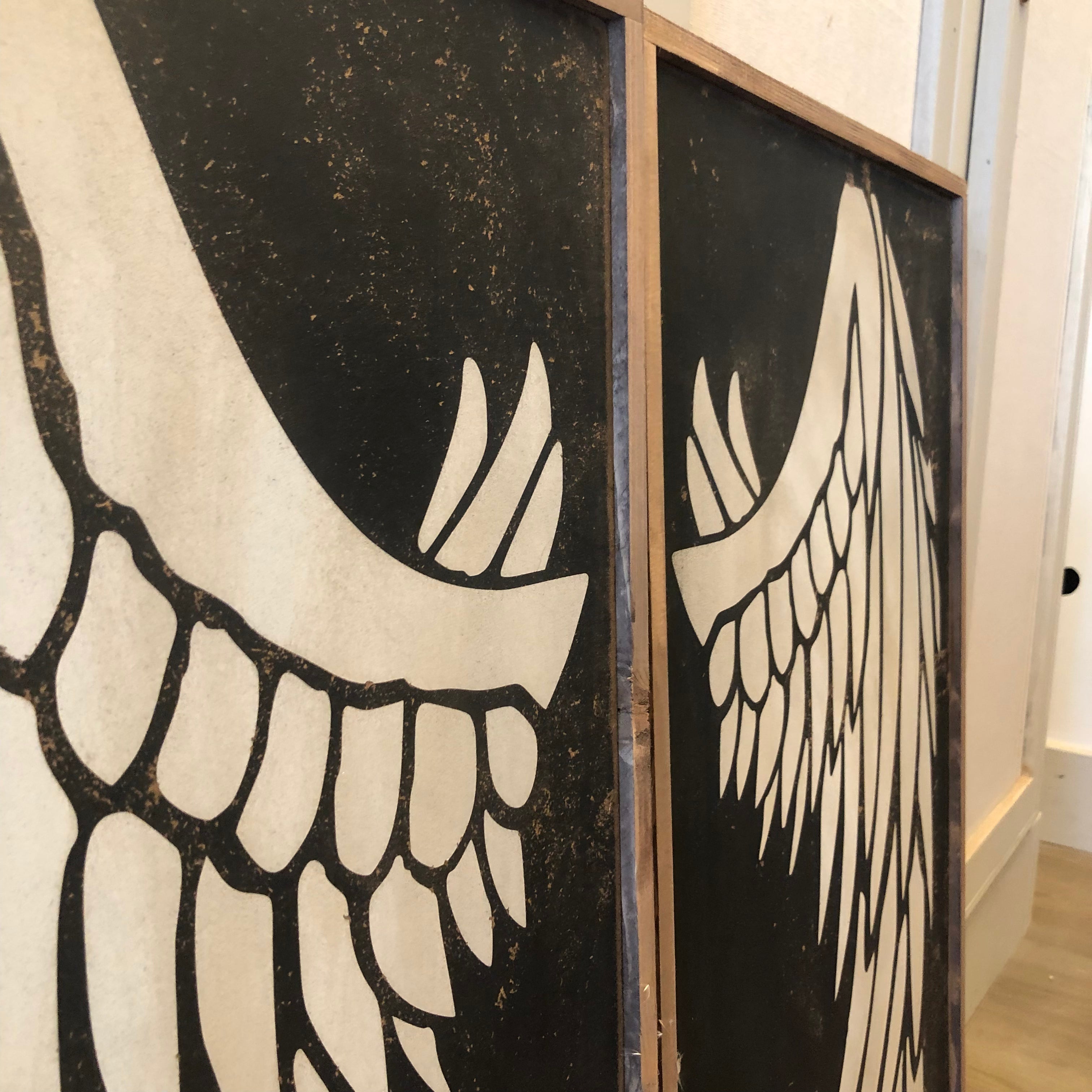 Set of 2 angel wing wood signs, black background with white feathered wing design