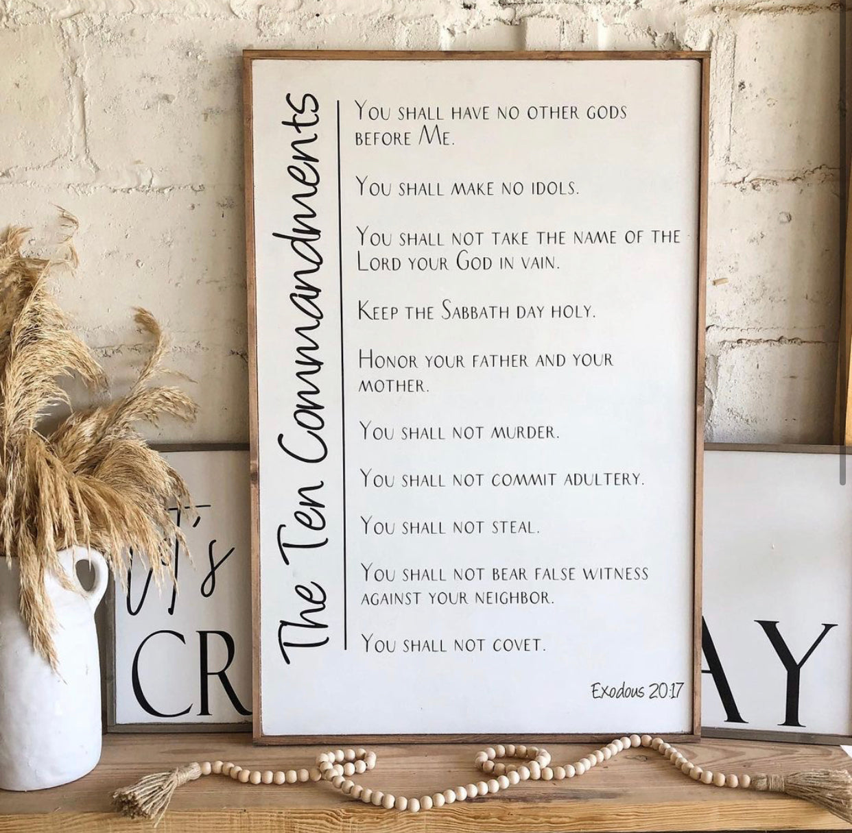 Framed Christian wall hanging with Ten Commandments scripture text