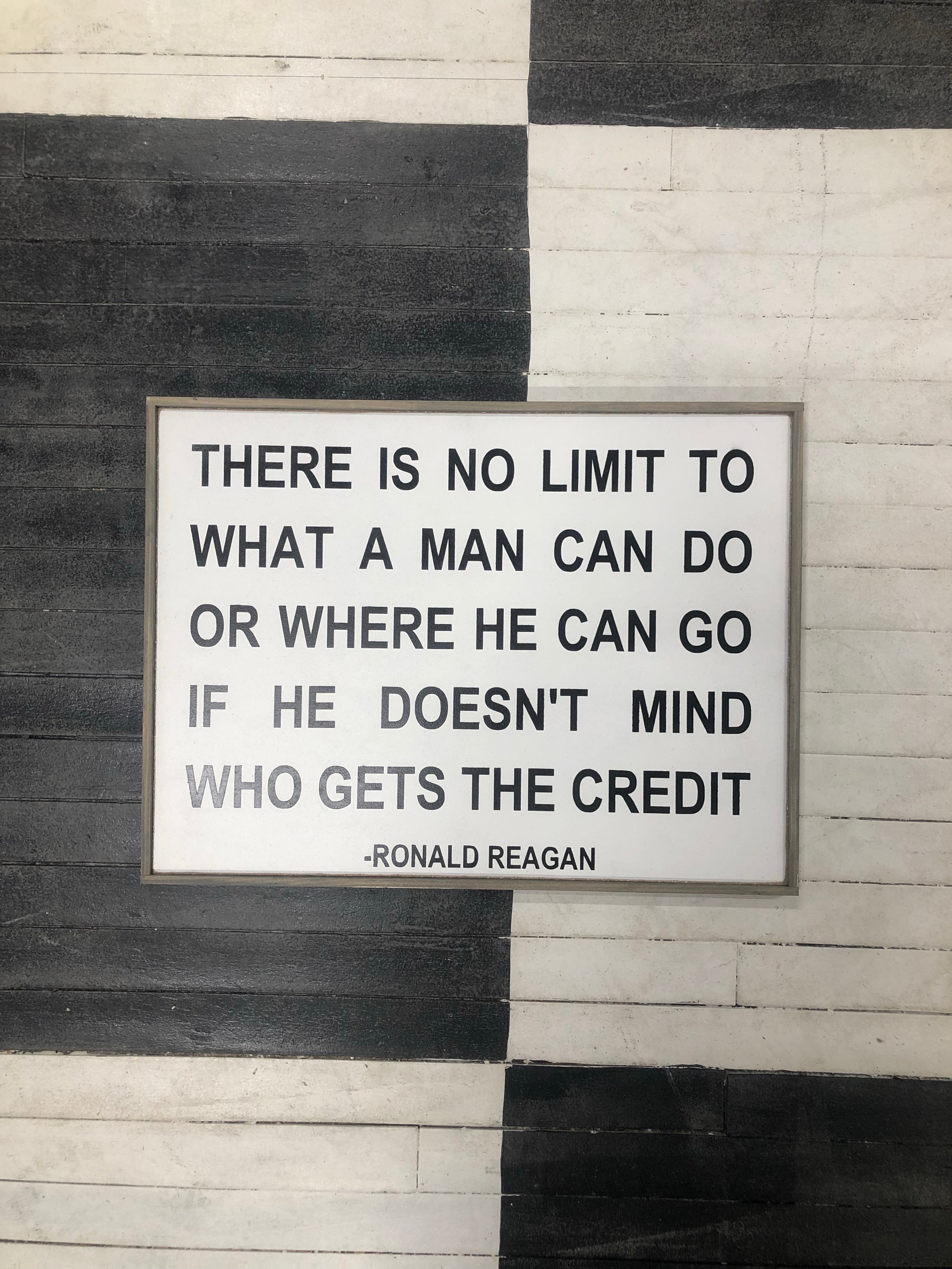 Framed wood quote sign reading 'There is no limit...' by Ronald Reagan