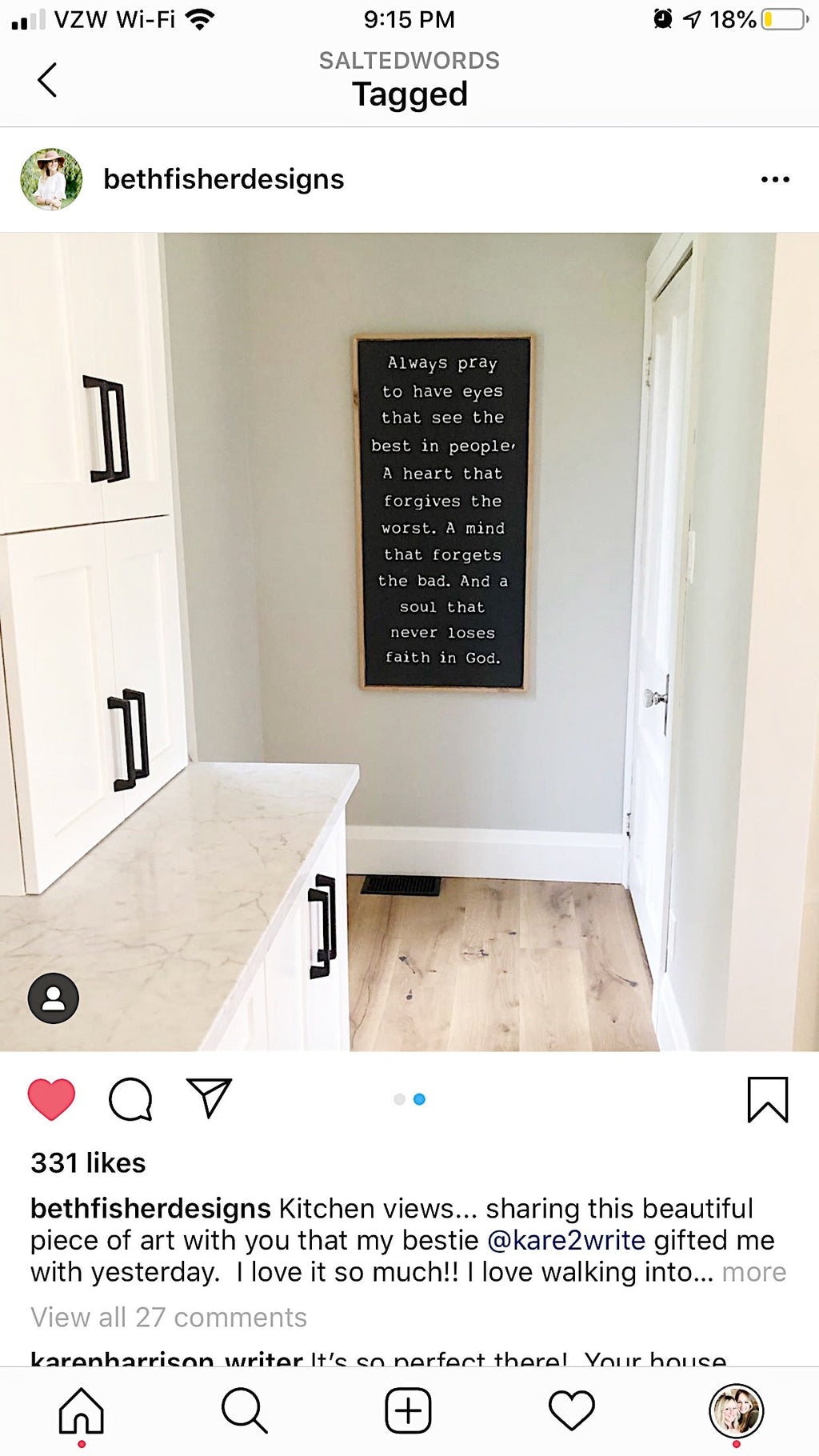 Wall-mounted framed wooden faith sign with dark text panel and light border