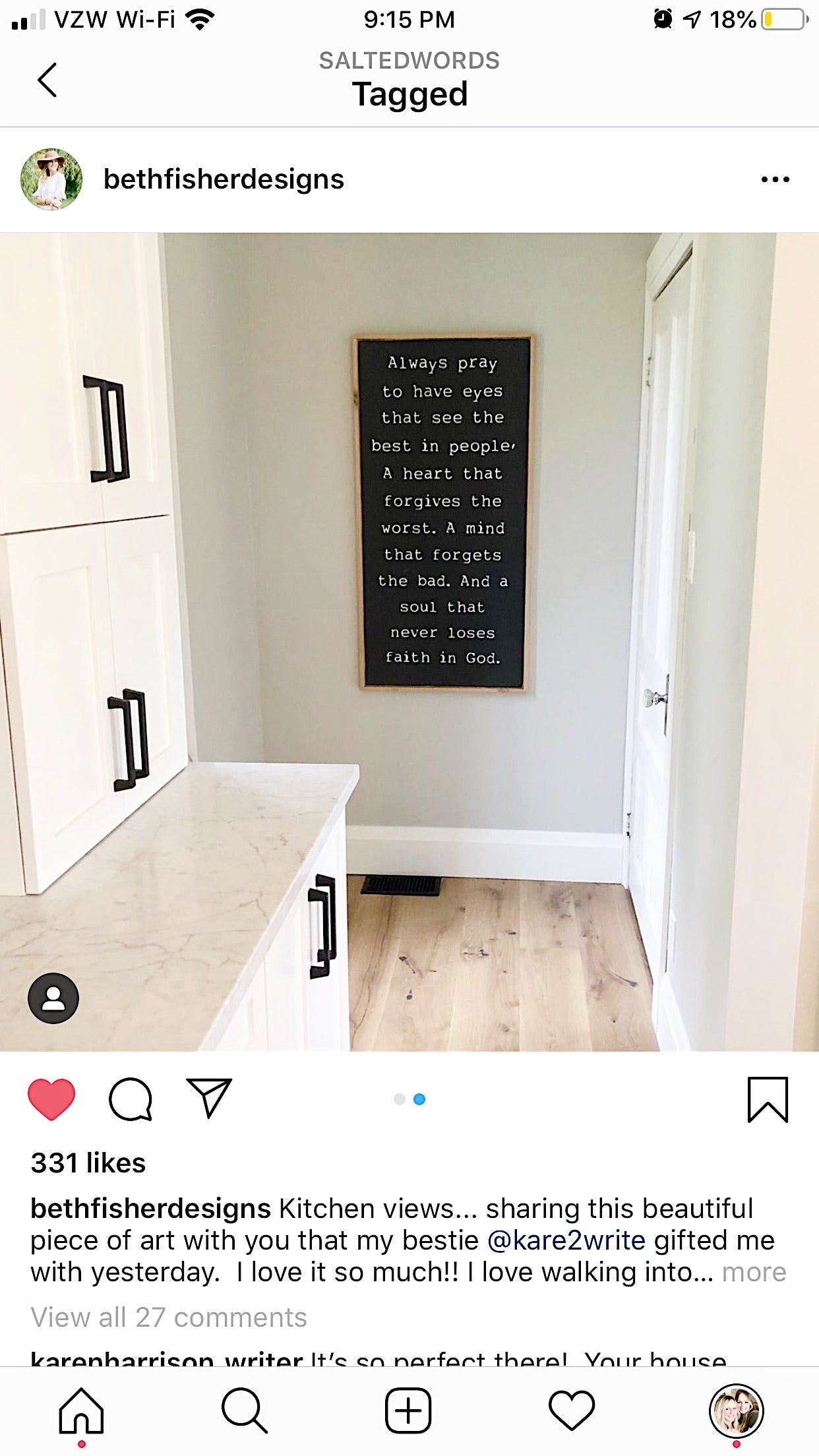 Wall-mounted framed wooden faith sign with dark text panel and light border