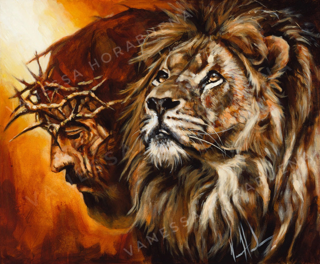Close-up lion portrait wall art print with orange-brown fur and cream highlights